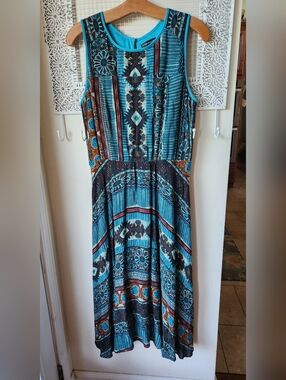 Chris McLaughlin sz 12 Aztec Southwestern Sleeveless Dress Blue Rayon